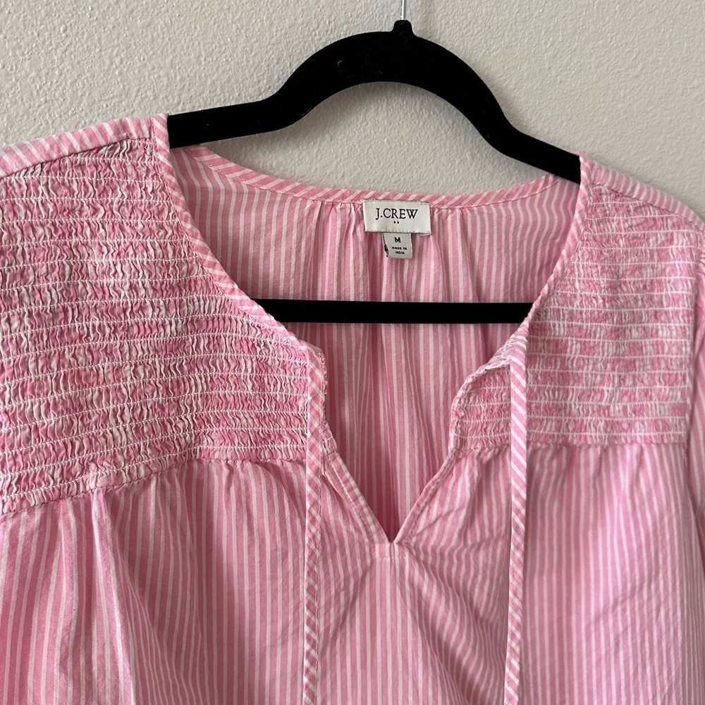 j. crew factory striped tie neck smocked shoulder long sleeve blouse - Picture 4 of 8